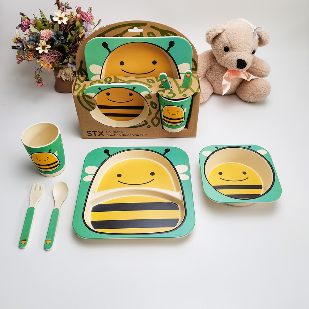 Set Peralatan Makan Kartun Bercorak Lebah Set Peralatan Makan Kanak-kanak Rumah Tangga Gentian Buluh Set Bayi