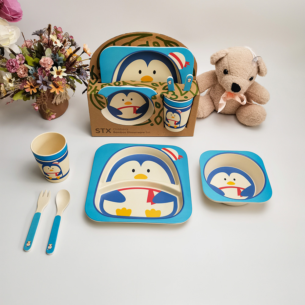 Kartun Animal Penguin Corak 5pcs Set Hadiah Comel Pla Peralatan Makan Set Kanak-kanak